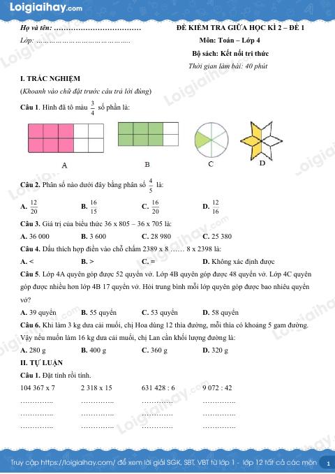 Đề kiểm tra giữa học kì 2 Toán 4 Kết nối tri thức - Đề số 1